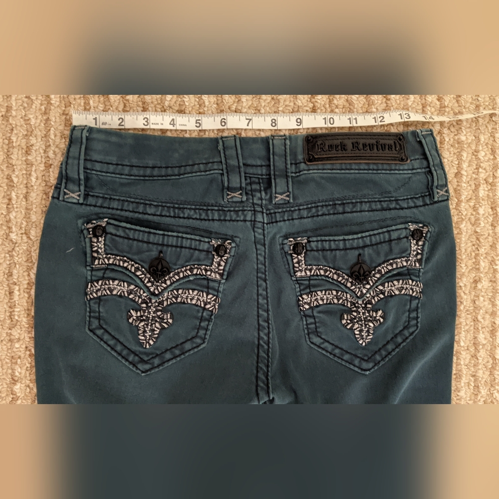 Rock Revival Green Skinny Jeans with Decorative Stitching Dark Green